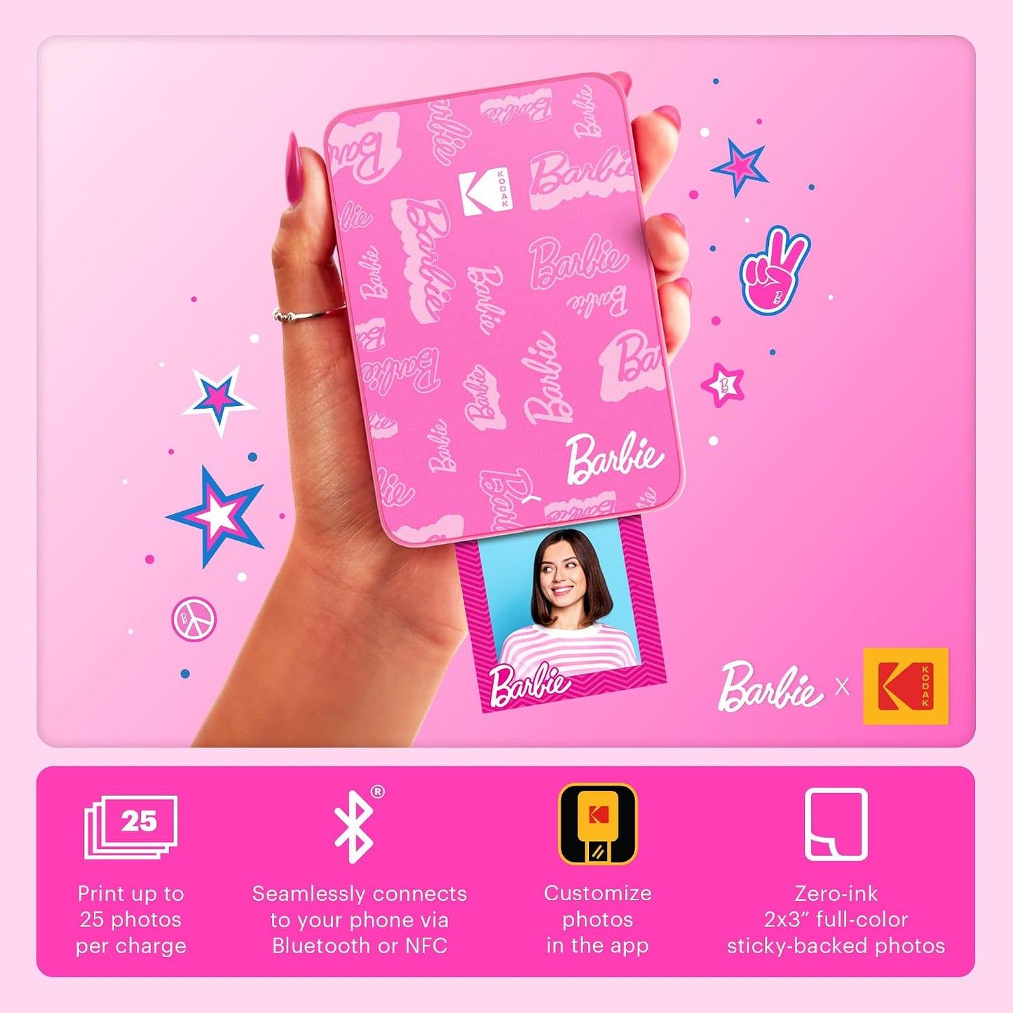 x Barbie Instant Smartphone Portable Photo Printer, Full Color, Wireless, Zink 2x3” (5.1x7.5 cm) Sticky-Back Photos, Print from iOS & Android Devices with Fun Editing App, Signature Style