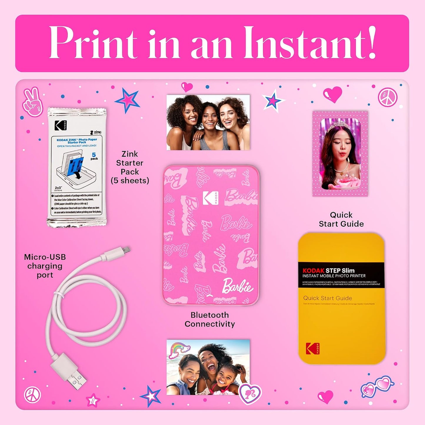 x Barbie Instant Smartphone Portable Photo Printer, Full Color, Wireless, Zink 2x3” (5.1x7.5 cm) Sticky-Back Photos, Print from iOS & Android Devices with Fun Editing App, Signature Style