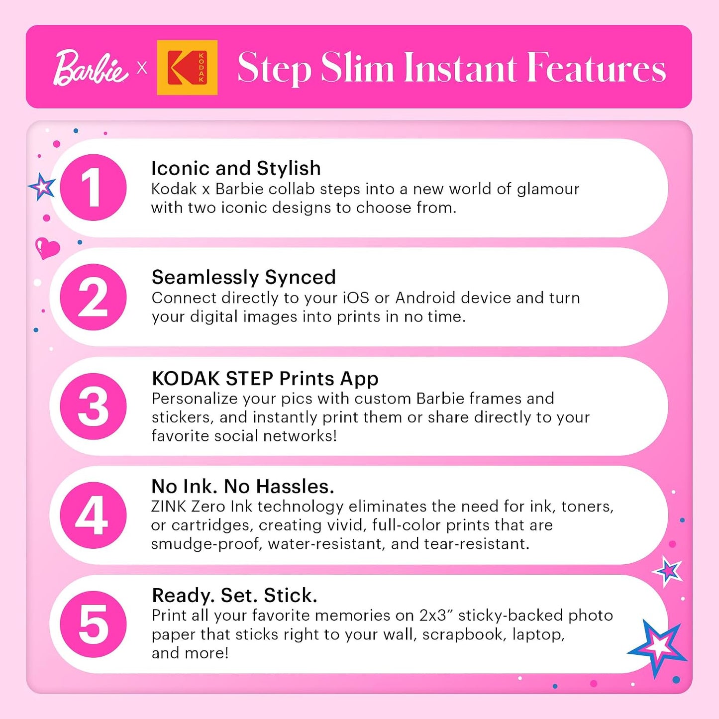 x Barbie Instant Smartphone Portable Photo Printer, Full Color, Wireless, Zink 2x3” (5.1x7.5 cm) Sticky-Back Photos, Print from iOS & Android Devices with Fun Editing App, Signature Style