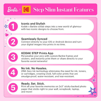 x Barbie Instant Smartphone Portable Photo Printer, Full Color, Wireless, Zink 2x3” (5.1x7.5 cm) Sticky-Back Photos, Print from iOS & Android Devices with Fun Editing App, Signature Style