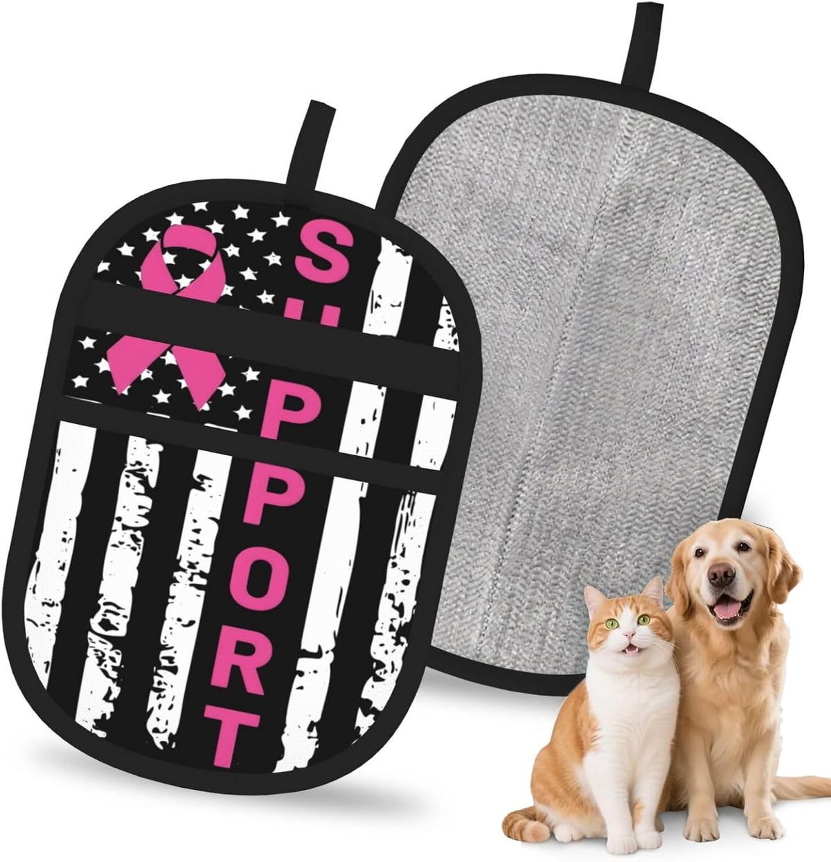 Support Breast Cancer Awareness Pink Ribbon Flag Pet Hair Removal Glove Dogs Hair Remover Glove Cats Fur Removal Tool with Hanging Loop for Couch 6.7X9.5 in