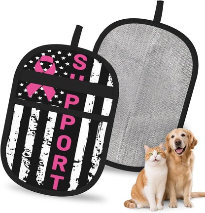 Support Breast Cancer Awareness Pink Ribbon Flag Pet Hair Removal Glove Dogs Hair Remover Glove Cats Fur Removal Tool with Hanging Loop for Couch 6.7X9.5 in