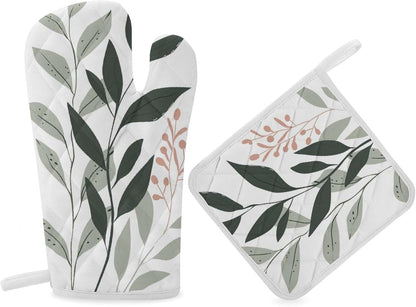 Sage Green and Blush Pink Oven Mitts and Pot Holders Minimalist Modern Boho Kitchen Cooking Gloves 2 Pcs Set Heat Resistant Pad for Baking BBQ Home Decor