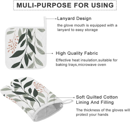 Sage Green and Blush Pink Oven Mitts and Pot Holders Minimalist Modern Boho Kitchen Cooking Gloves 2 Pcs Set Heat Resistant Pad for Baking BBQ Home Decor