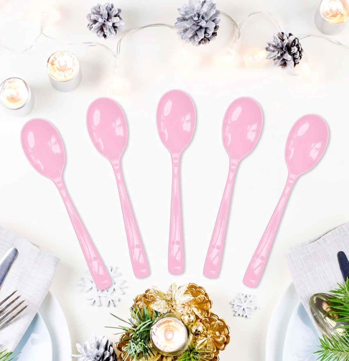 50 PCS Light Pink Plastic Spoons Disposable Utensils Heavy Duty Baby Pink Spoons Disposable Cutlery for Birthday Wedding Baby Shower Bridal Shower Plastic Silverware