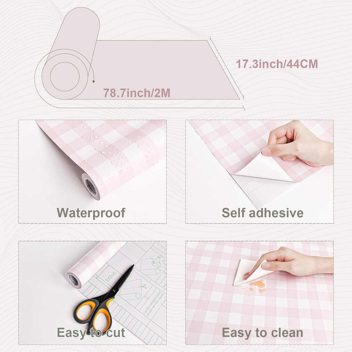 Pink Peel and Stick Wallpaper Gingham Checkered 17.3''×78.7''