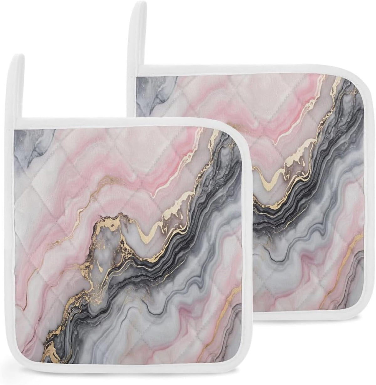 Pink Gray Marble with Gold Veins 2 Pack Heat Resistant Pot Holders with Hanging Loop, Washable Insulated Potholders for Kitchen Dining BBQ Table Protection