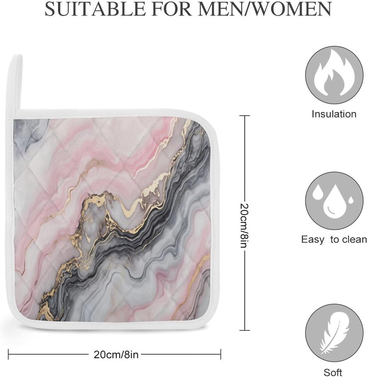 Pink Gray Marble with Gold Veins 2 Pack Heat Resistant Pot Holders with Hanging Loop, Washable Insulated Potholders for Kitchen Dining BBQ Table Protection