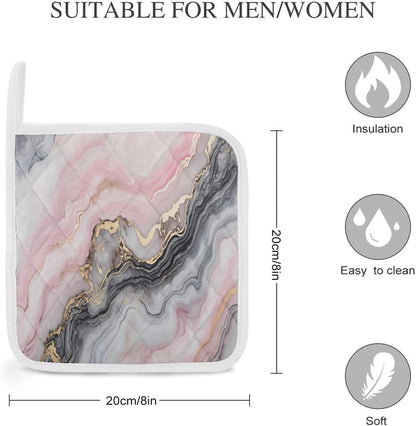Pink Gray Marble with Gold Veins 2 Pack Heat Resistant Pot Holders with Hanging Loop, Washable Insulated Potholders for Kitchen Dining BBQ Table Protection