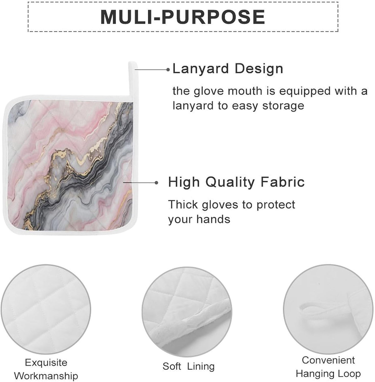 Pink Gray Marble with Gold Veins 2 Pack Heat Resistant Pot Holders with Hanging Loop, Washable Insulated Potholders for Kitchen Dining BBQ Table Protection