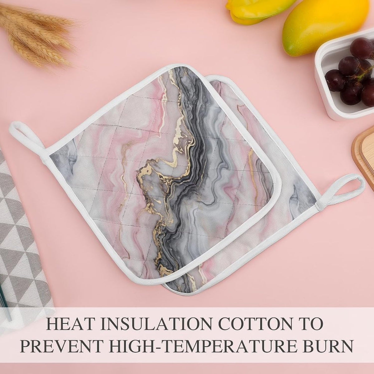 Pink Gray Marble with Gold Veins 2 Pack Heat Resistant Pot Holders with Hanging Loop, Washable Insulated Potholders for Kitchen Dining BBQ Table Protection