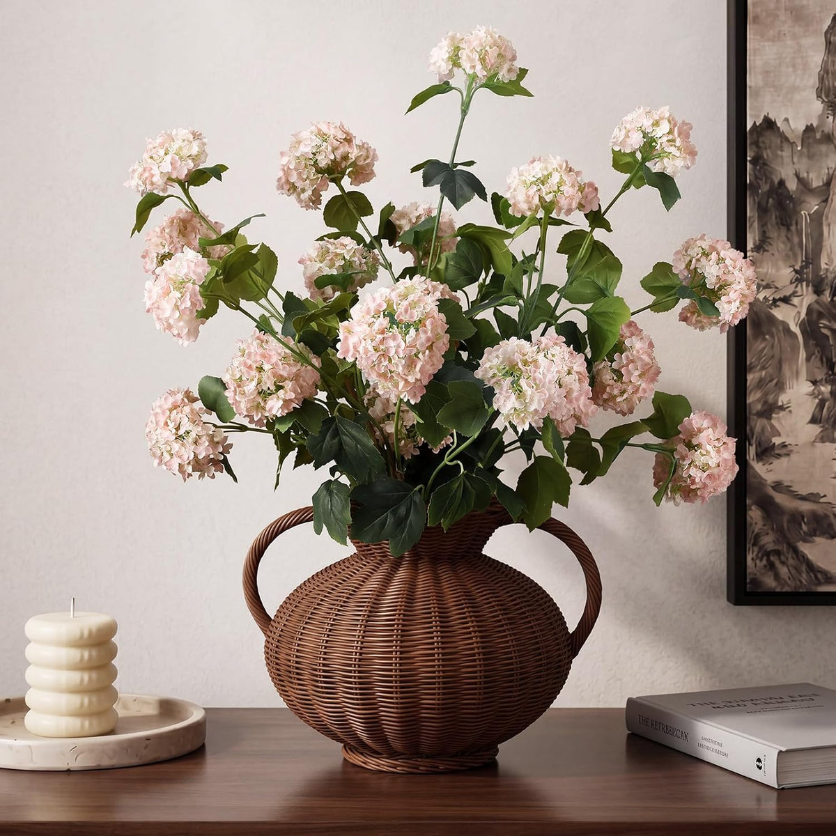 4 Pcs 33" Tall Artificial Snowball Hydrangea Flowers, Silk Hydrangeas with 20 Heads Long Stem for Tall Vase Decor, Wedding Table Centerpiece, Outdoor Living Room Arrangement(White Pink)