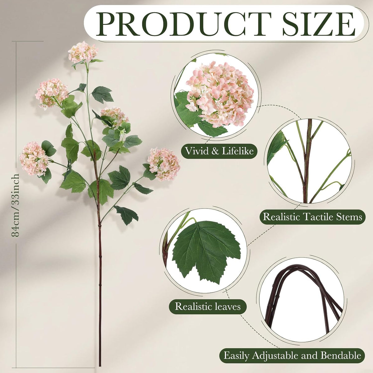 4 Pcs 33" Tall Artificial Snowball Hydrangea Flowers, Silk Hydrangeas with 20 Heads Long Stem for Tall Vase Decor, Wedding Table Centerpiece, Outdoor Living Room Arrangement(White Pink)