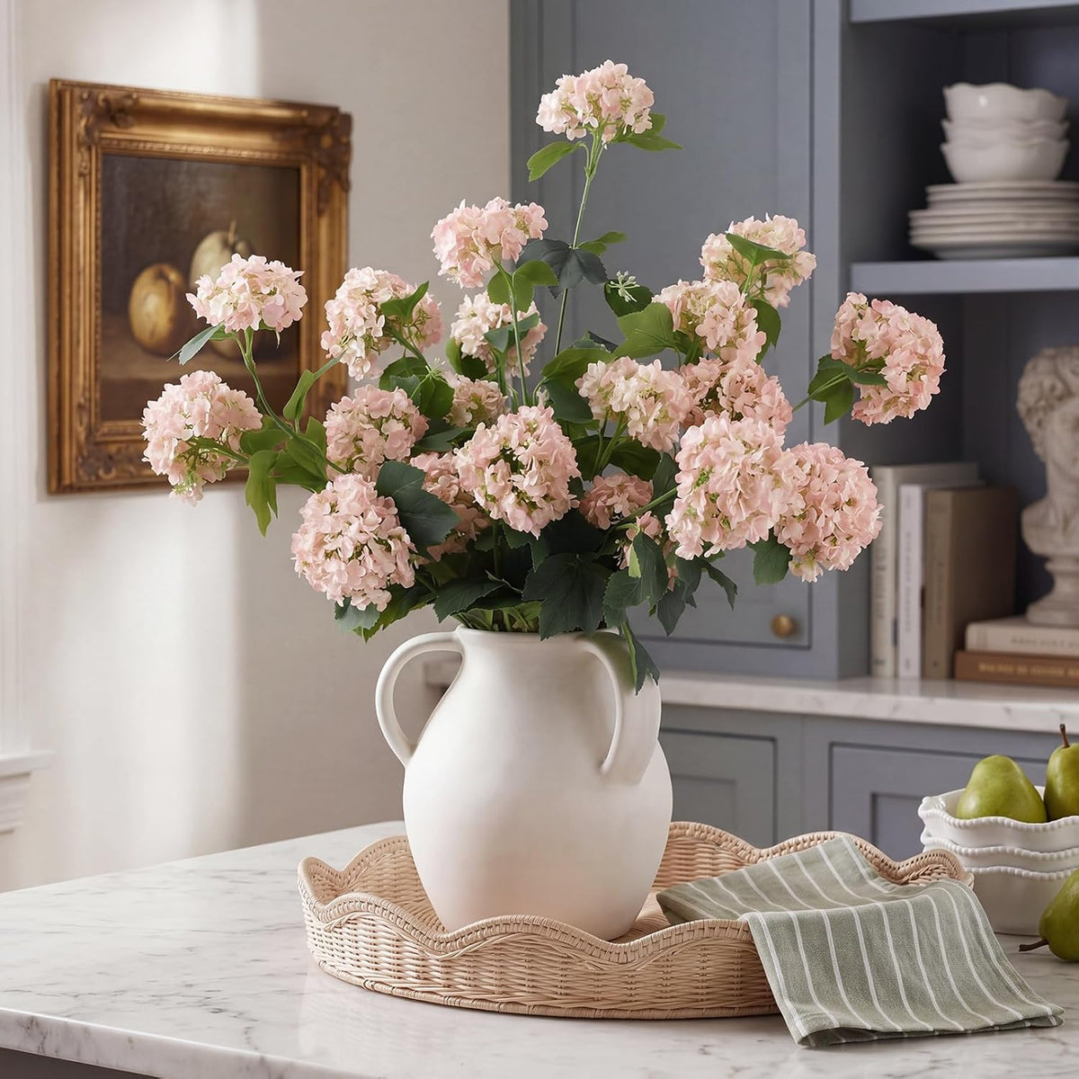 4 Pcs 33" Tall Artificial Snowball Hydrangea Flowers, Silk Hydrangeas with 20 Heads Long Stem for Tall Vase Decor, Wedding Table Centerpiece, Outdoor Living Room Arrangement(White Pink)