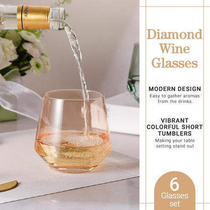 Stemless Wine Glasses Set 6 - Peach Color Stemless Wine Glasses - 14oz Tumbler - Peach Glassware for Wine or Soft Drinks - Unique Valentine's Day Gifts