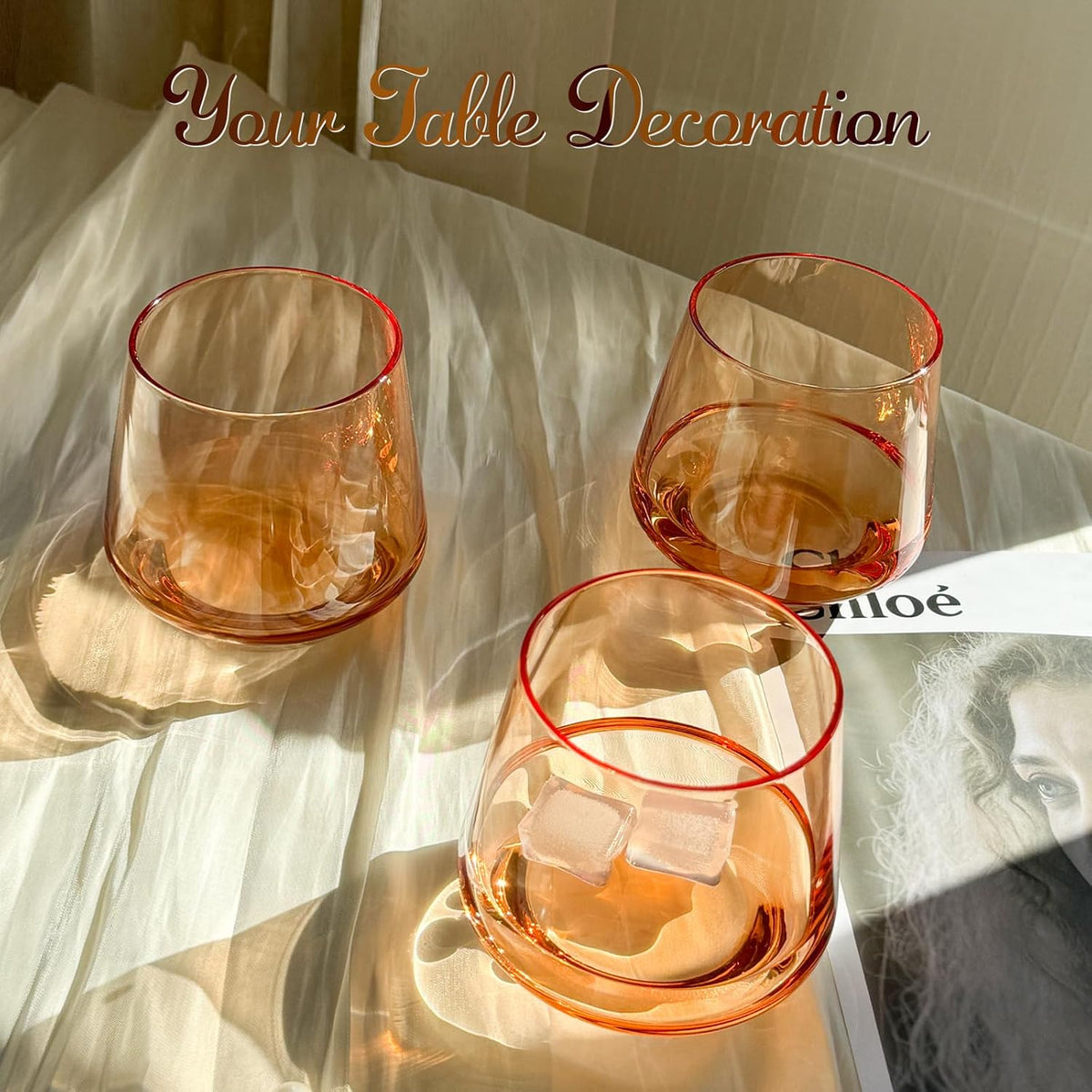 Stemless Wine Glasses Set 6 - Peach Color Stemless Wine Glasses - 14oz Tumbler - Peach Glassware for Wine or Soft Drinks - Unique Valentine's Day Gifts