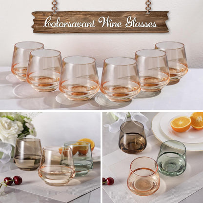 Stemless Wine Glasses Set 6 - Peach Color Stemless Wine Glasses - 14oz Tumbler - Peach Glassware for Wine or Soft Drinks - Unique Valentine's Day Gifts