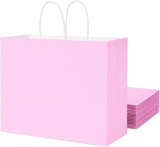 Paper Gift Bags with Handles, Pink, 13x10x5.5 Inch, Large Size, 25 Pack, for Birthday, Wedding, Shopping