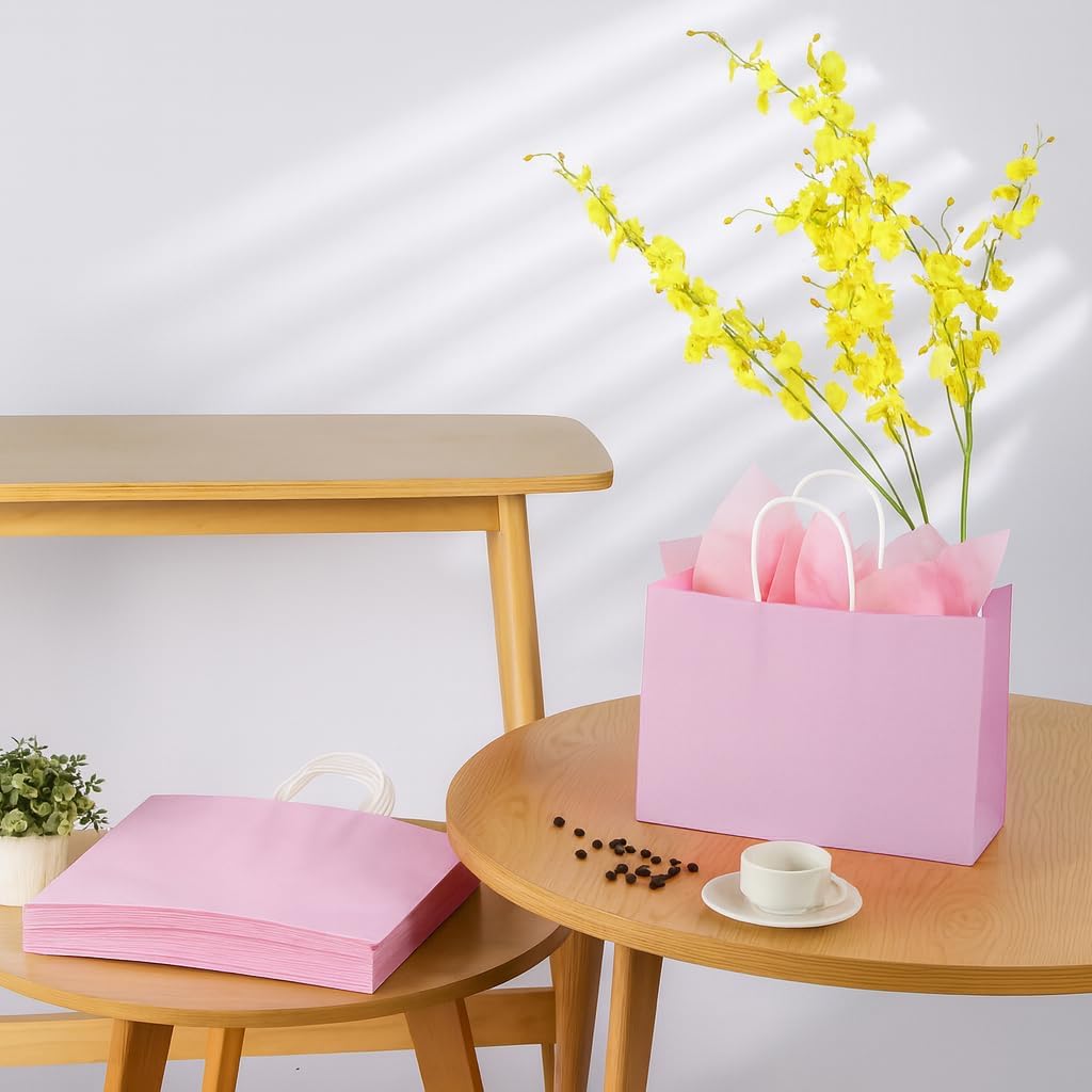 Paper Gift Bags with Handles, Pink, 13x10x5.5 Inch, Large Size, 25 Pack, for Birthday, Wedding, Shopping