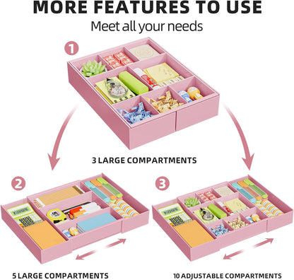 Expandable Desk Drawer Organizer, Clear Plastic Drawer Organizer Tray with 10 Adjustable Compartments, Desk Organizers and Accessories, 5 Drawer Dividers for Office Supplies, Makeup (Pink)