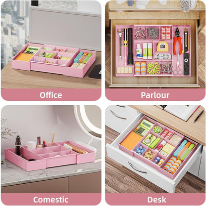 Expandable Desk Drawer Organizer, Clear Plastic Drawer Organizer Tray with 10 Adjustable Compartments, Desk Organizers and Accessories, 5 Drawer Dividers for Office Supplies, Makeup (Pink)