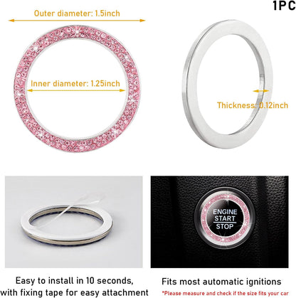 Bling Crystal Double Rhinestone Car Engine Start Decoration Ring, Sparkling Push Start Button Sticker, Key Ignition & Knob Ring Decoration, Bling Car Interior Accessory(Pink)