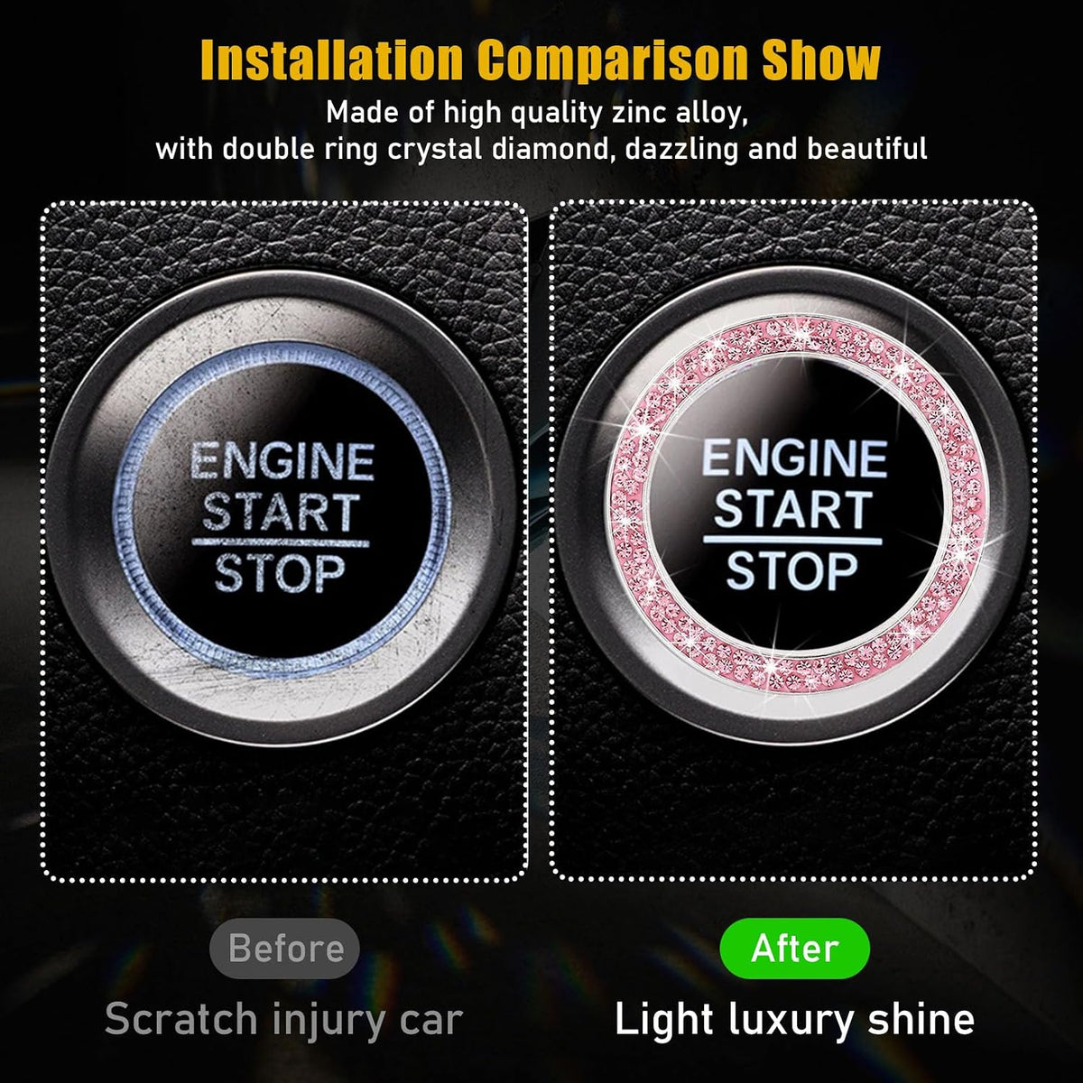 Bling Crystal Double Rhinestone Car Engine Start Decoration Ring, Sparkling Push Start Button Sticker, Key Ignition & Knob Ring Decoration, Bling Car Interior Accessory(Pink)