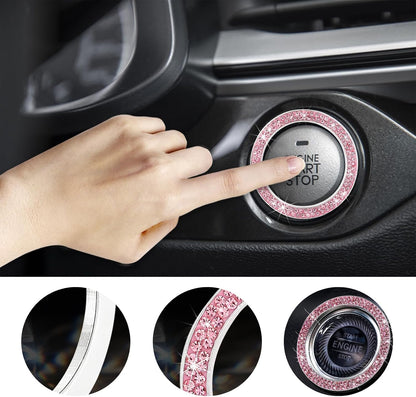 Bling Crystal Double Rhinestone Car Engine Start Decoration Ring, Sparkling Push Start Button Sticker, Key Ignition & Knob Ring Decoration, Bling Car Interior Accessory(Pink)
