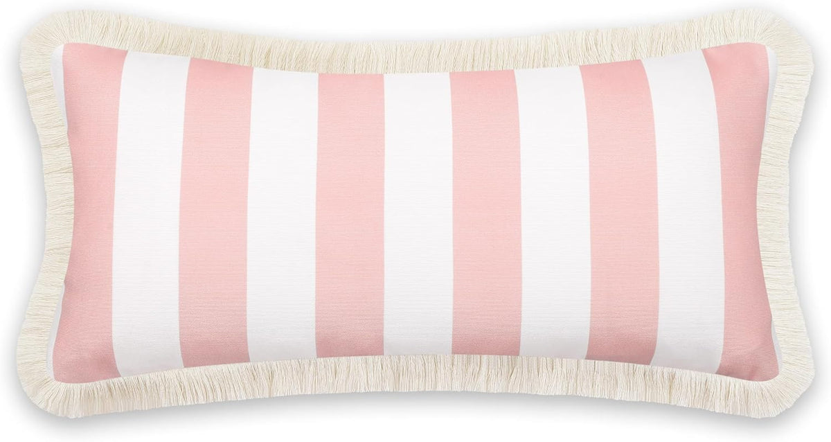Coastal Patio Indoor Outdoor Long Lumbar Pillow Cover Only, 12"x26" Water Repellent for Backyard, Couch, Blush Pink Stripes with Fringe