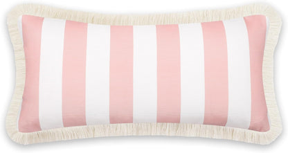 Coastal Patio Indoor Outdoor Long Lumbar Pillow Cover Only, 12"x26" Water Repellent for Backyard, Couch, Blush Pink Stripes with Fringe