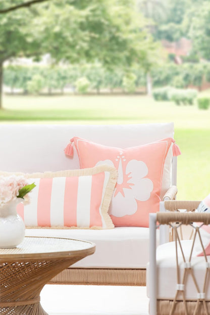 Coastal Patio Indoor Outdoor Long Lumbar Pillow Cover Only, 12"x26" Water Repellent for Backyard, Couch, Blush Pink Stripes with Fringe
