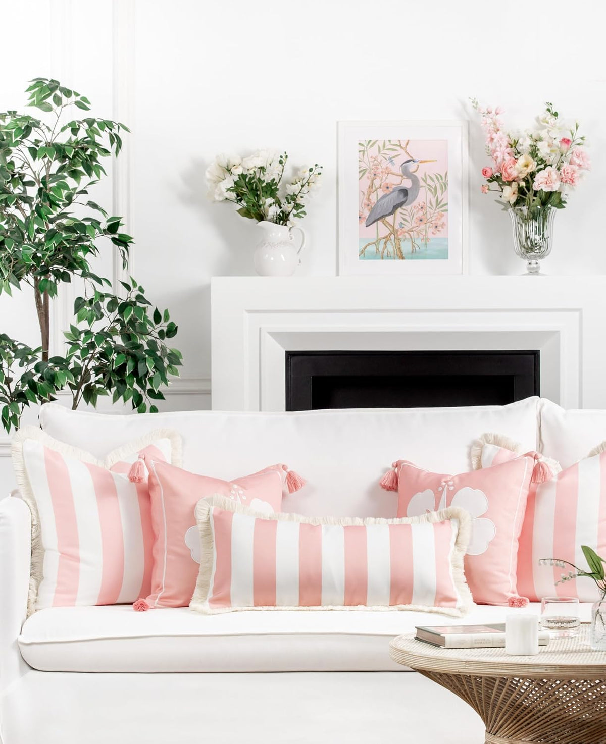 Coastal Patio Indoor Outdoor Long Lumbar Pillow Cover Only, 12"x26" Water Repellent for Backyard, Couch, Blush Pink Stripes with Fringe