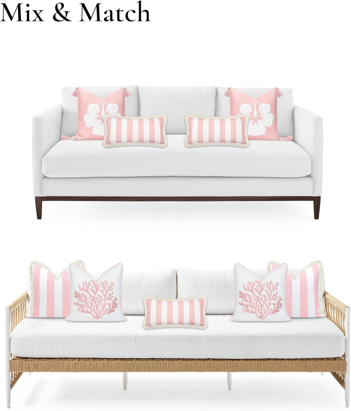 Coastal Patio Indoor Outdoor Long Lumbar Pillow Cover Only, 12"x26" Water Repellent for Backyard, Couch, Blush Pink Stripes with Fringe