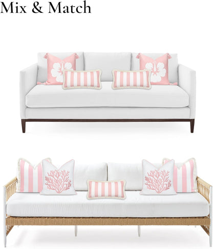 Coastal Patio Indoor Outdoor Long Lumbar Pillow Cover Only, 12"x26" Water Repellent for Backyard, Couch, Blush Pink Stripes with Fringe
