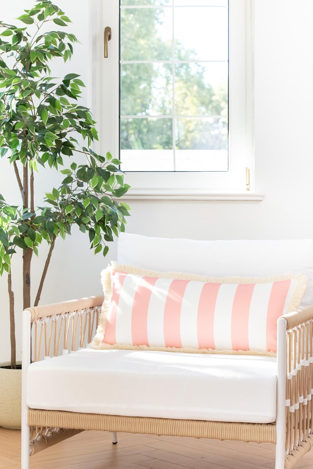 Coastal Patio Indoor Outdoor Long Lumbar Pillow Cover Only, 12"x26" Water Repellent for Backyard, Couch, Blush Pink Stripes with Fringe