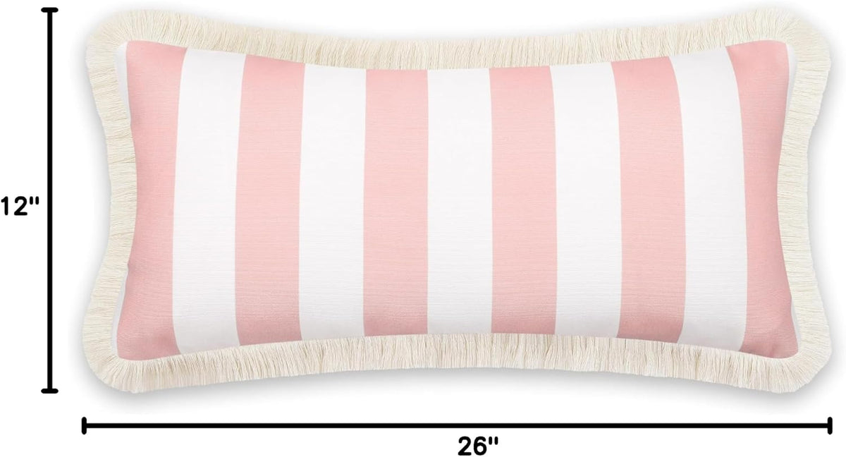 Coastal Patio Indoor Outdoor Long Lumbar Pillow Cover Only, 12"x26" Water Repellent for Backyard, Couch, Blush Pink Stripes with Fringe