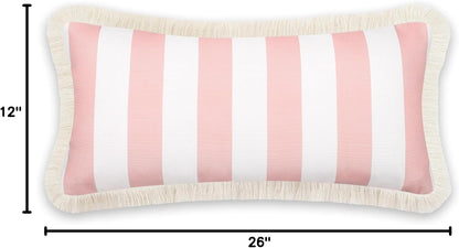Coastal Patio Indoor Outdoor Long Lumbar Pillow Cover Only, 12"x26" Water Repellent for Backyard, Couch, Blush Pink Stripes with Fringe