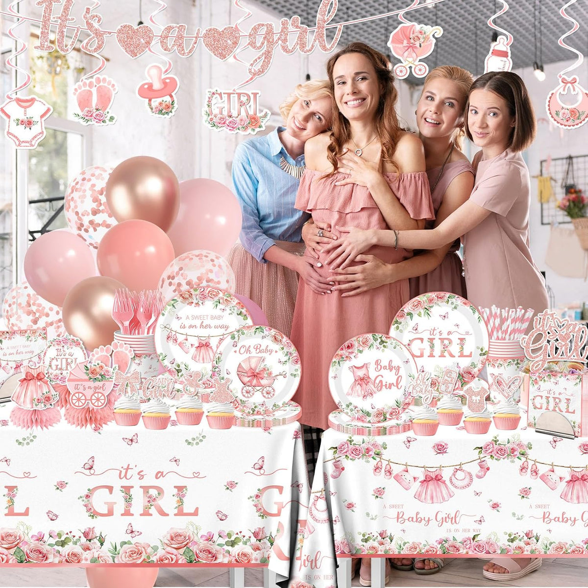 Its a Girl Baby Shower Decorations, Pink Floral Baby Shower Decorations for Girl Include Plates,Napkins,Banner,Balloons,Tablecloth,Cups,Hanging Swirl,Cake Topper,Honeycomb for Baby Girl Party Decor