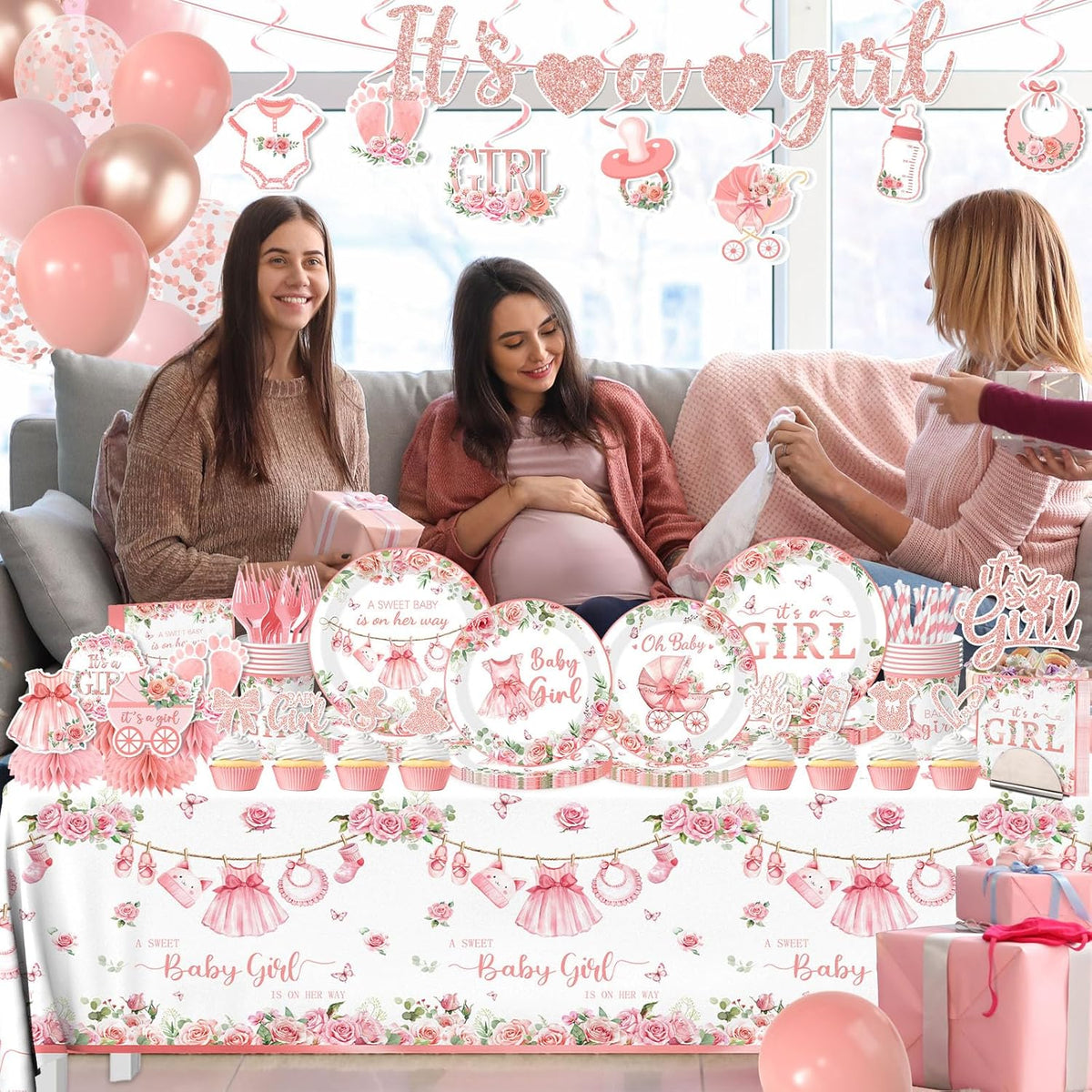 Its a Girl Baby Shower Decorations, Pink Floral Baby Shower Decorations for Girl Include Plates,Napkins,Banner,Balloons,Tablecloth,Cups,Hanging Swirl,Cake Topper,Honeycomb for Baby Girl Party Decor