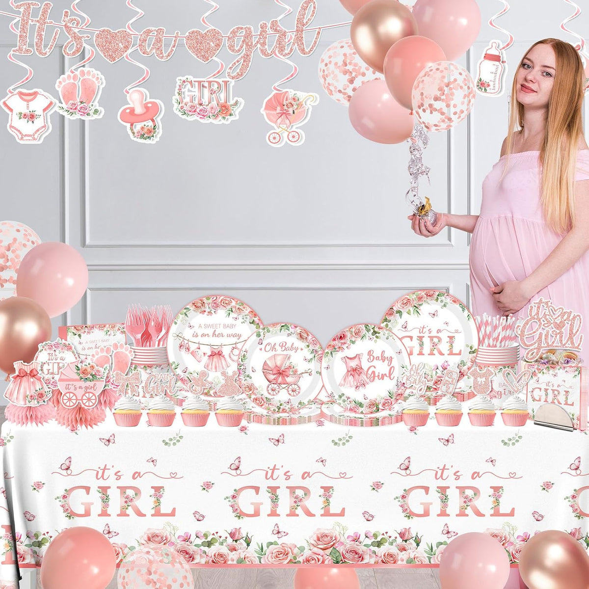 Its a Girl Baby Shower Decorations, Pink Floral Baby Shower Decorations for Girl Include Plates,Napkins,Banner,Balloons,Tablecloth,Cups,Hanging Swirl,Cake Topper,Honeycomb for Baby Girl Party Decor