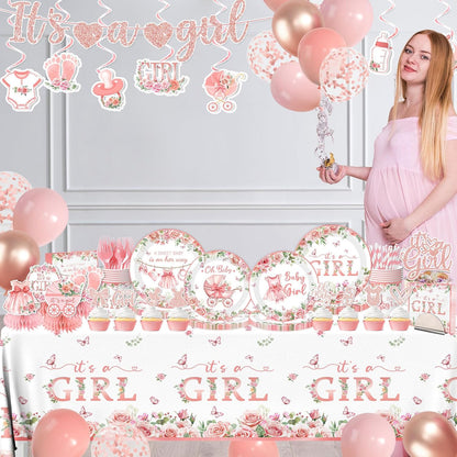 Its a Girl Baby Shower Decorations, Pink Floral Baby Shower Decorations for Girl Include Plates,Napkins,Banner,Balloons,Tablecloth,Cups,Hanging Swirl,Cake Topper,Honeycomb for Baby Girl Party Decor