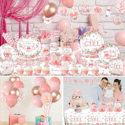 Its a Girl Baby Shower Decorations, Pink Floral Baby Shower Decorations for Girl Include Plates,Napkins,Banner,Balloons,Tablecloth,Cups,Hanging Swirl,Cake Topper,Honeycomb for Baby Girl Party Decor