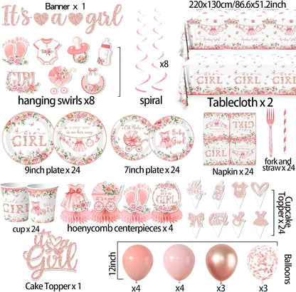 Its a Girl Baby Shower Decorations, Pink Floral Baby Shower Decorations for Girl Include Plates,Napkins,Banner,Balloons,Tablecloth,Cups,Hanging Swirl,Cake Topper,Honeycomb for Baby Girl Party Decor