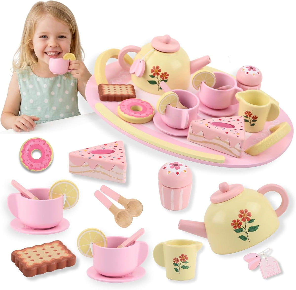 Wooden Tea Party Set for Girls, 16 Pcs Pink Pretend Play Tea Set