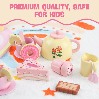 Wooden Tea Party Set for Girls, 16 Pcs Pink Pretend Play Tea Set