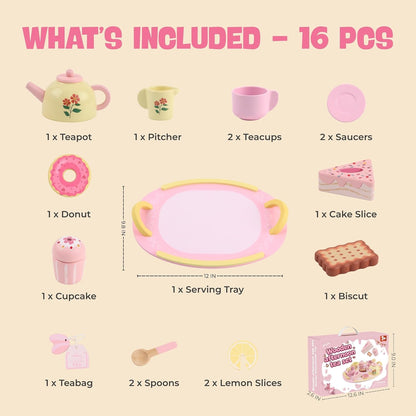 Wooden Tea Party Set for Girls, 16 Pcs Pink Pretend Play Tea Set