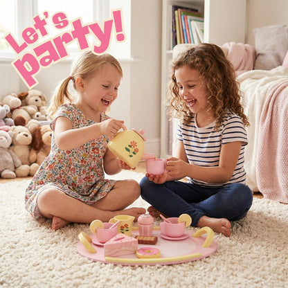 Wooden Tea Party Set for Girls, 16 Pcs Pink Pretend Play Tea Set