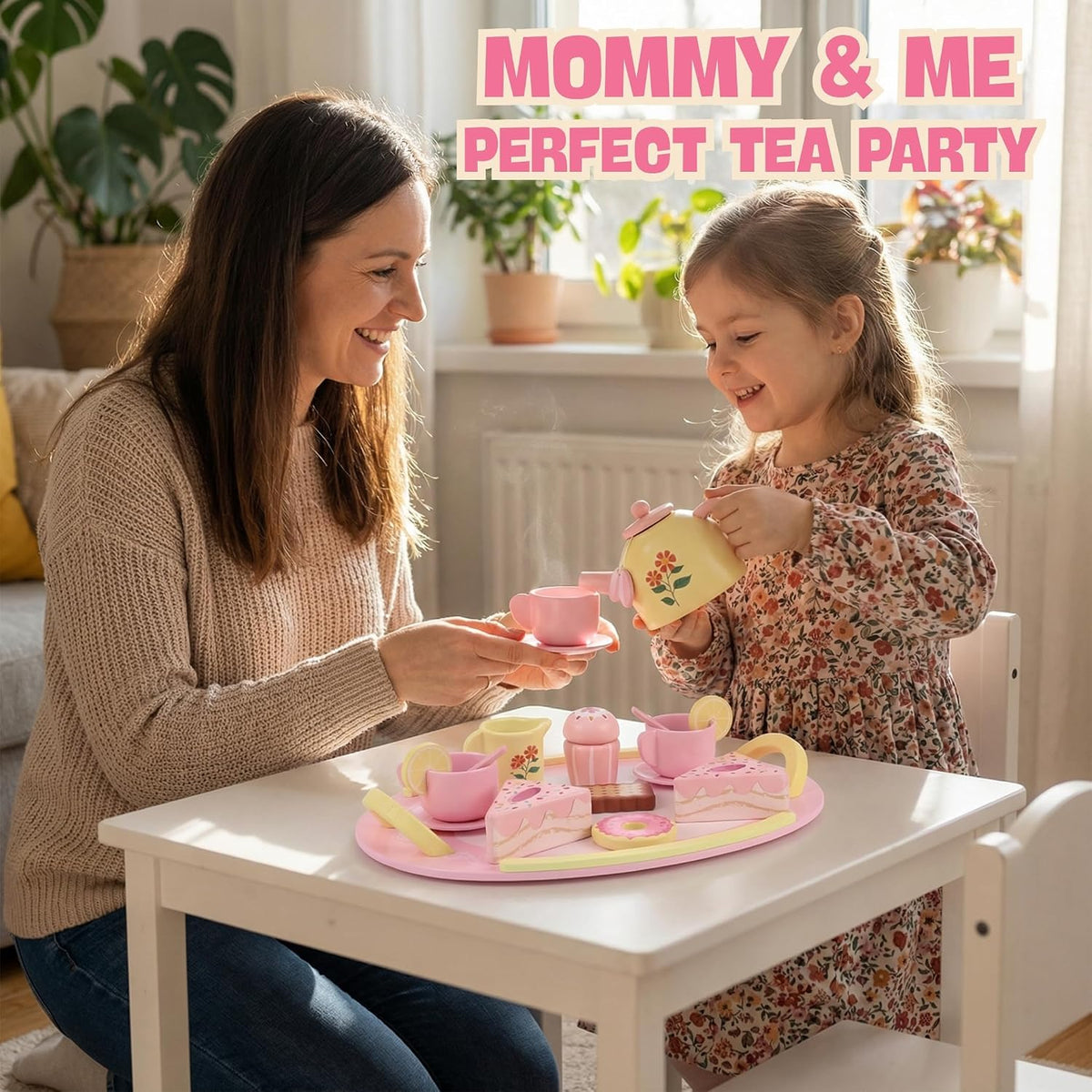 Wooden Tea Party Set for Girls, 16 Pcs Pink Pretend Play Tea Set