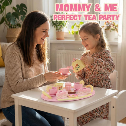 Wooden Tea Party Set for Girls, 16 Pcs Pink Pretend Play Tea Set