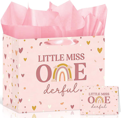 Baby Girl 1st Birthday Gift Bag Little Miss Onederful Gift Bag with Greeting Card and Tissue Papers Pastel Pink Heart First Birthday Wrapping Paper Bag for Girls Newborn Baby Shower One Year Old Party